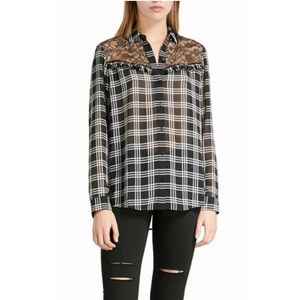 The Kooples Blouse Damier Black White Plaid Lace Sheer Button Front Top Shirt
